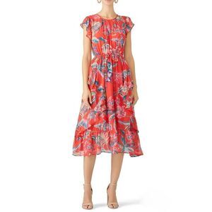 Banjanan Letitia Midi Dress M Silk Tropical Floral Ruffle Flutter Elastic Waist